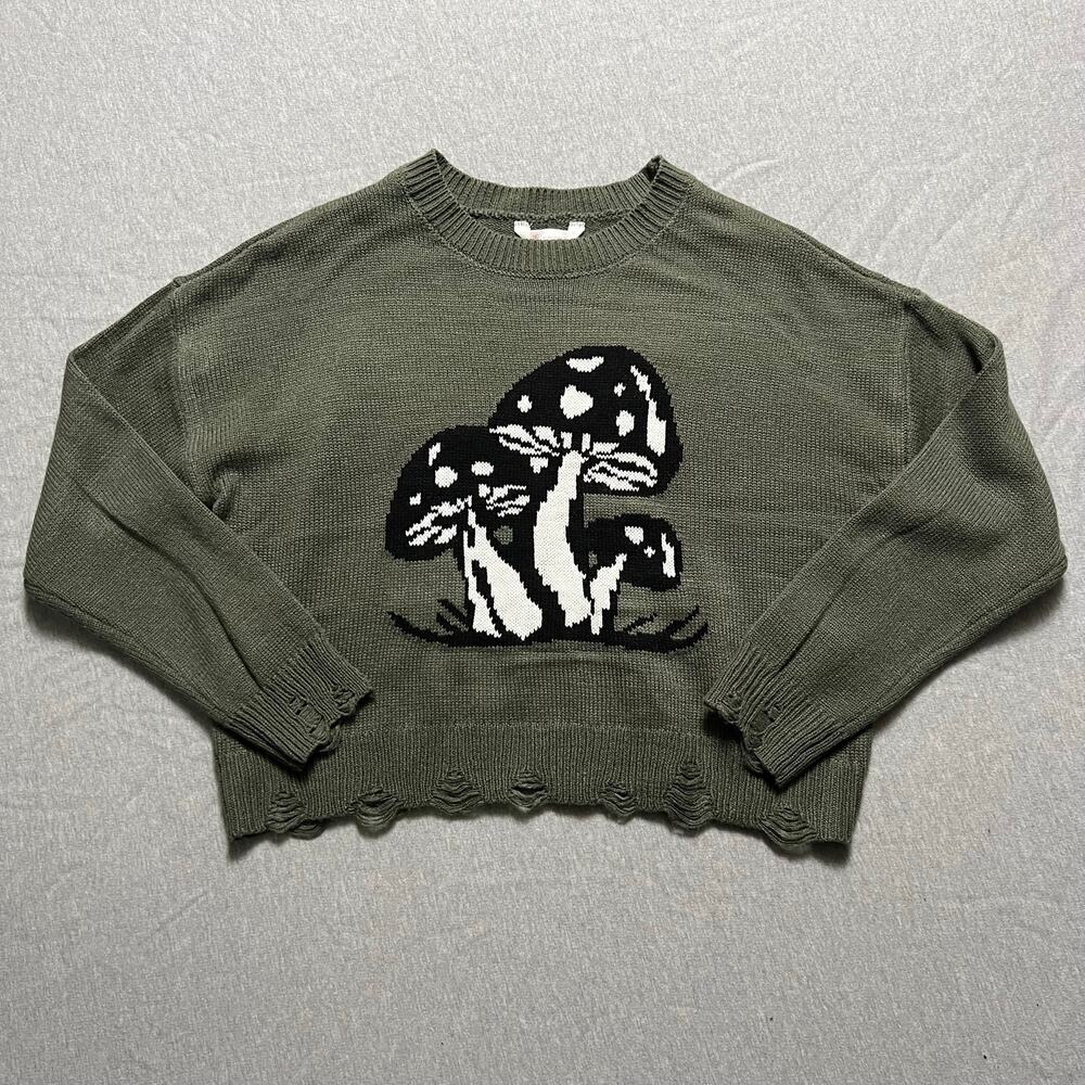 Y2K No Boundaries Cropped Sweater Women's XL Olive Mushroom Distressed Knit